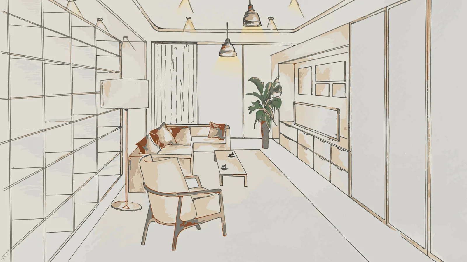 Illustration d'un salon aménagé avec bibliothèque, lampadaire, canapé d'angle, fauteuil et rangements fermés