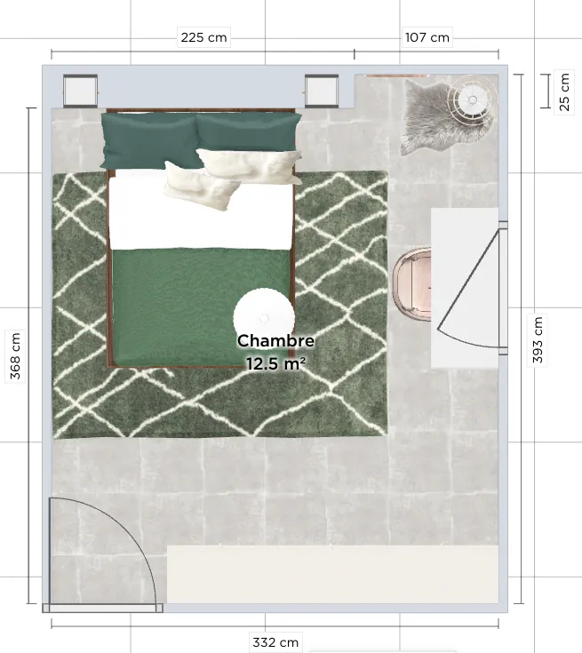 Plan 2D couleurs coté d'une chambre, projet de design d'espace au Mans