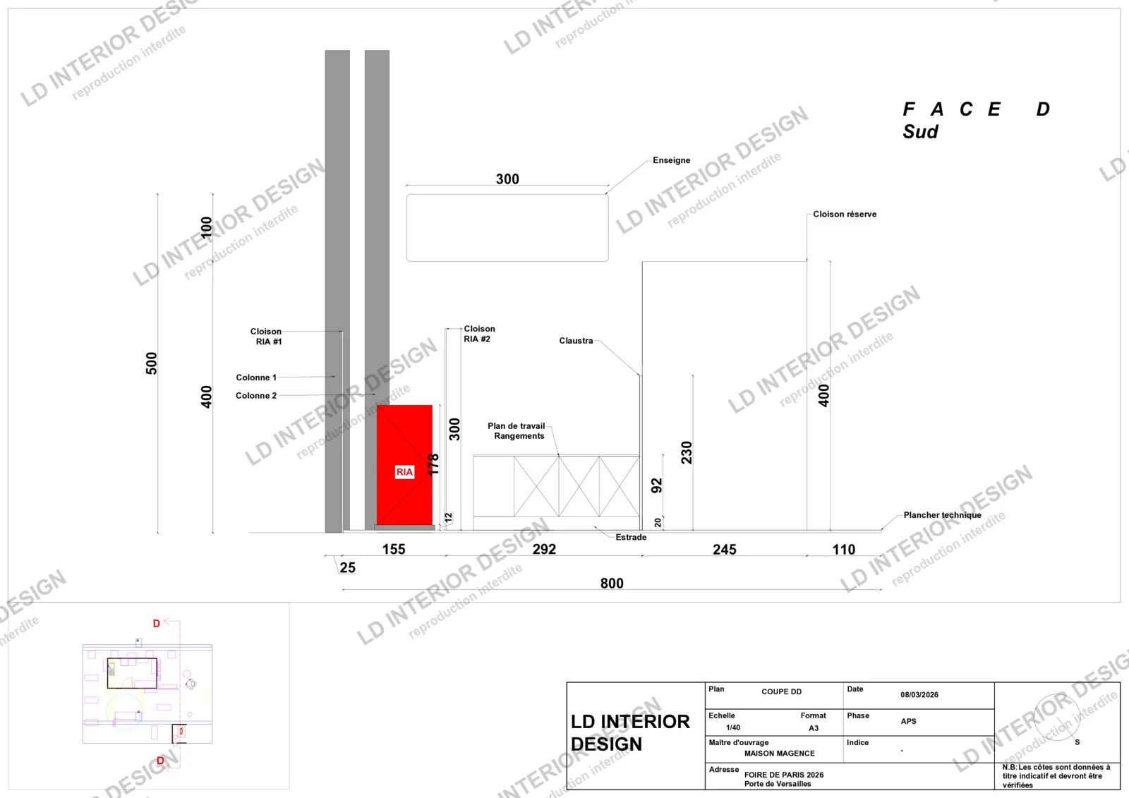 Coupe technique face sud du stand Vorwerk pour la Foire de Paris, dessinée par LD Interior Design
