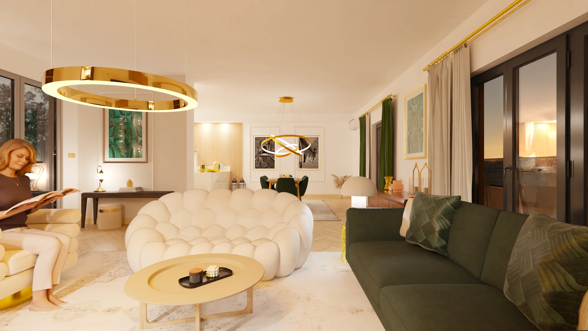 Rendu 3D photo-réaliste d'un vaste séjour conçu par LD Interior Design : lustre doré, canapé bouclette et banquette verte