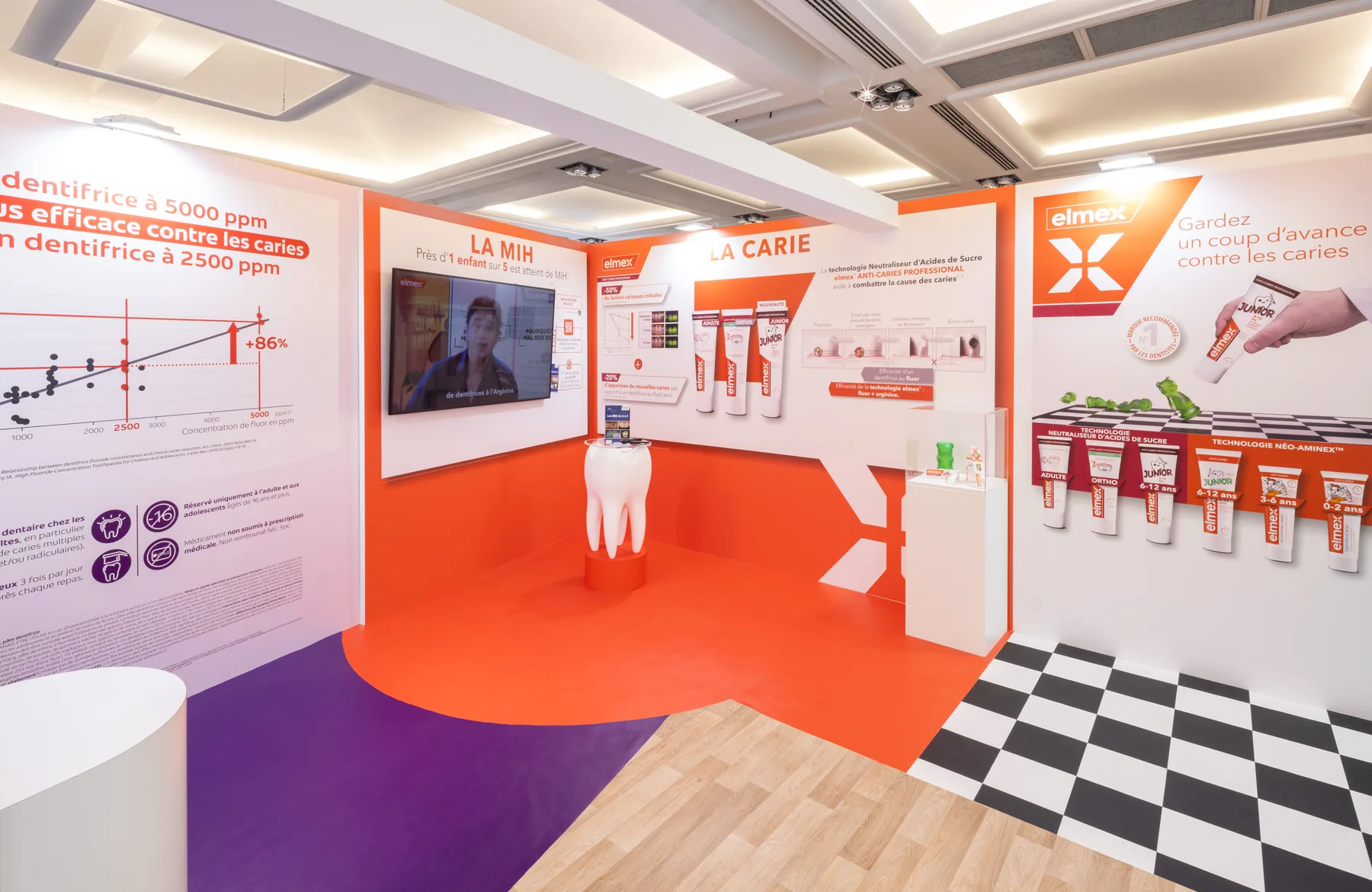 Avant / après du stand Colgate Elmex : la vue 3D de conception, puis l'espace livré au Palais des Congrès - après
