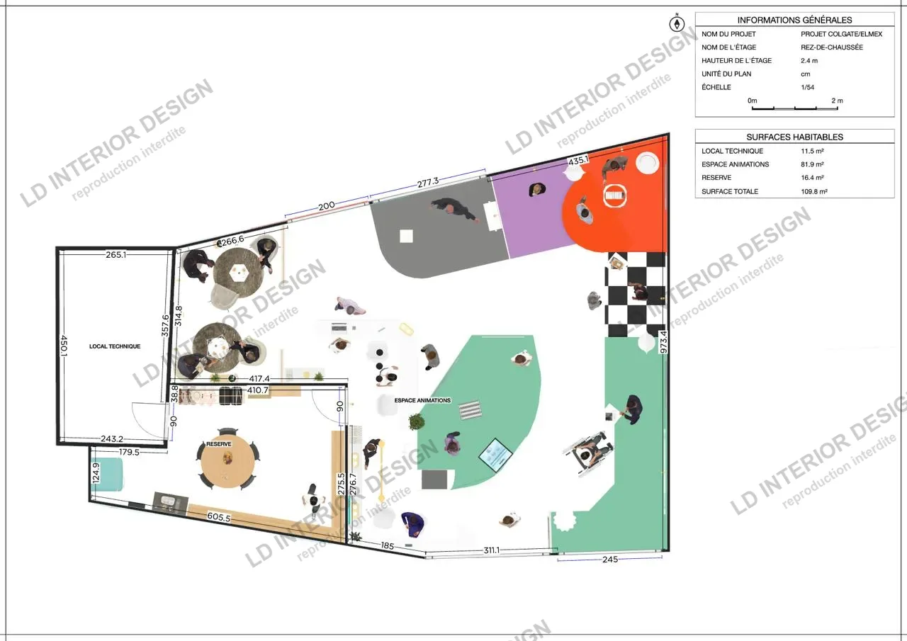 Plan coté du stand Colgate Elmex au Palais des Congrès, dessiné par LD Interior Design